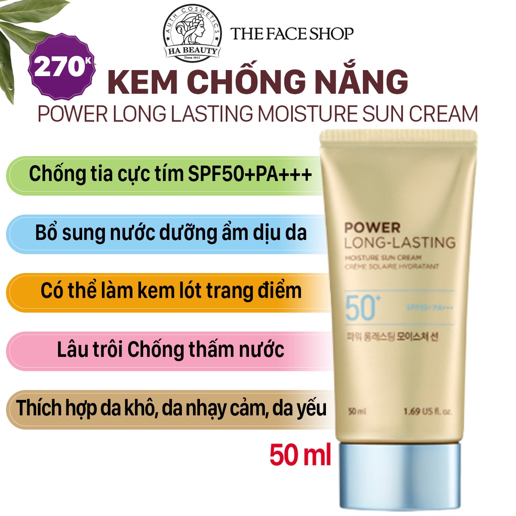 Kem chống nắng dưỡng ẩm da trang điểm chống trôi The Face Shop Power Long Lasting Moisture Sun Cream SPF50+PA+++ 50ml