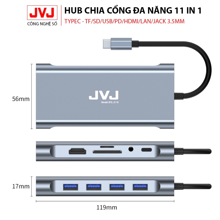 Hub chuyển đổi Macbook JVJ C11 cổng TypeC 11in1 sáng HDMI 4K, VGA, USB - C 3.0, cổng lan RJ45, TypeC 3.5mm BH 2 năm1đổi1 | BigBuy360 - bigbuy360.vn