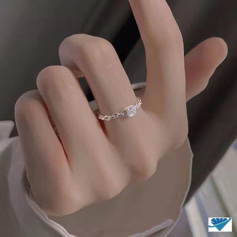 Nhẫn nữ bạc thật ổ đá vuông dạng xích chất liệu bạc ta, kiểu hở dễ đeo - Kho sỉ bạc Nhất Linh