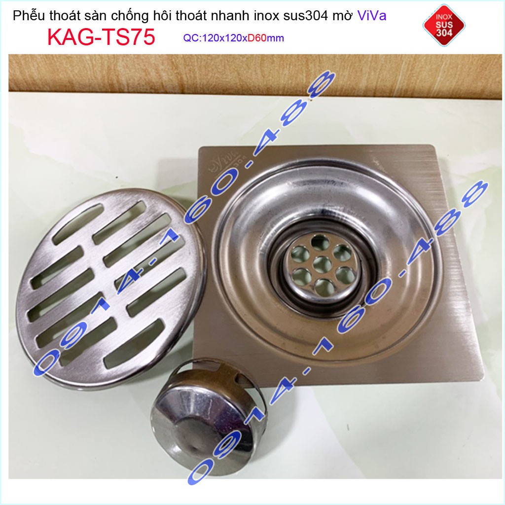 Phễu thoát sàn Viva KAG-TS75 12x12cm D60, phễu thoát sàn SUS304 đúc liền khối sales 40%, hố ga chống hôi inox 304 dày 1.