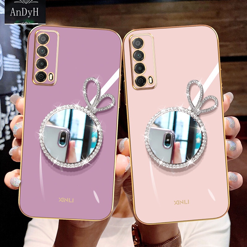 Ốp Điện Thoại Mềm Tráng Gương Trang Điểm Đính Đá Lấp Lánh Sang Trọng Cho Huawei Y7a
