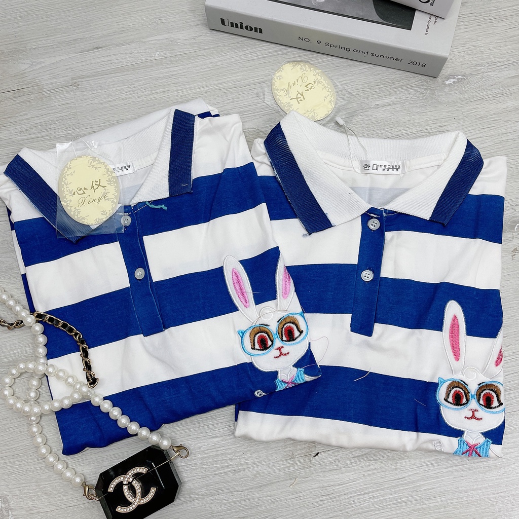 Váy polo kẻ xanh thêu thỏ chất cotton mát mẻ - Hàng có sẵn - Xưởng may Lộc Vân