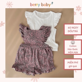 Set yếm bé gái BERRYBABY yếm quần cánh tiên cotton và linen kèm áo trắng Bella