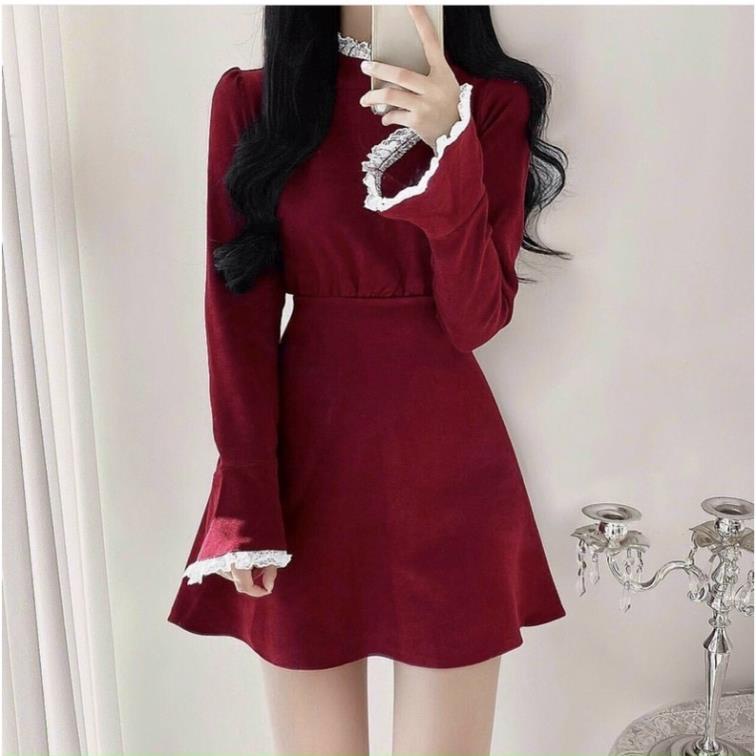 Váy nhung đỏ NADO, đầm đỏ tết tay dài dự tiệc nữ đỏ noel xòe phối ren tay và cổ thời trang đẹp freesize | BigBuy360 - bigbuy360.vn