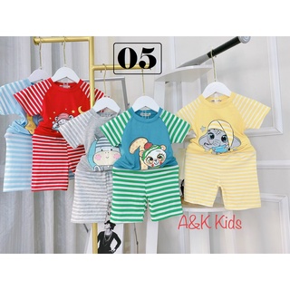 Bộ cọc tay phối sọc, thun lạnh minky mom, in hoạt hình cute cho bé trai, gái từ 7kg đến 30kg M05