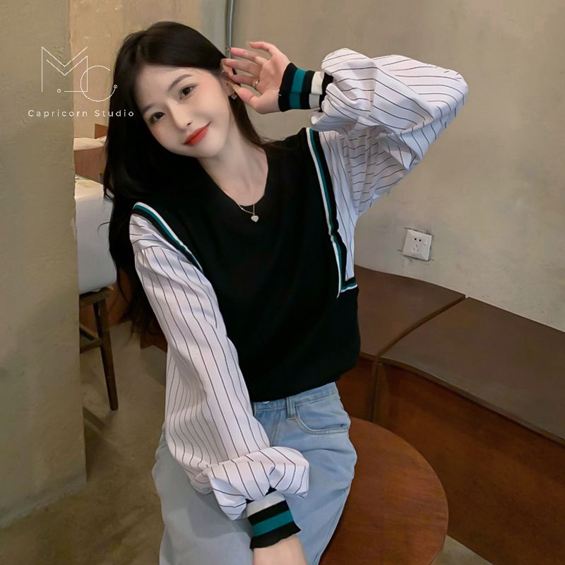 Áo sweater giả áo gile và tay sơmi độc đáo phong cách Hàn Quốc Ulzzang