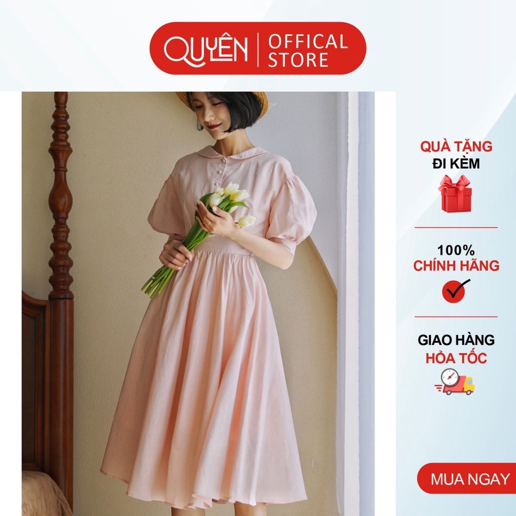 Đầm xòe công sở vintage tay phồng tiểu thư, váy ôm cài khuy trước, cổ sen Quyên Fashion DL260 màu hồng, đỏ
