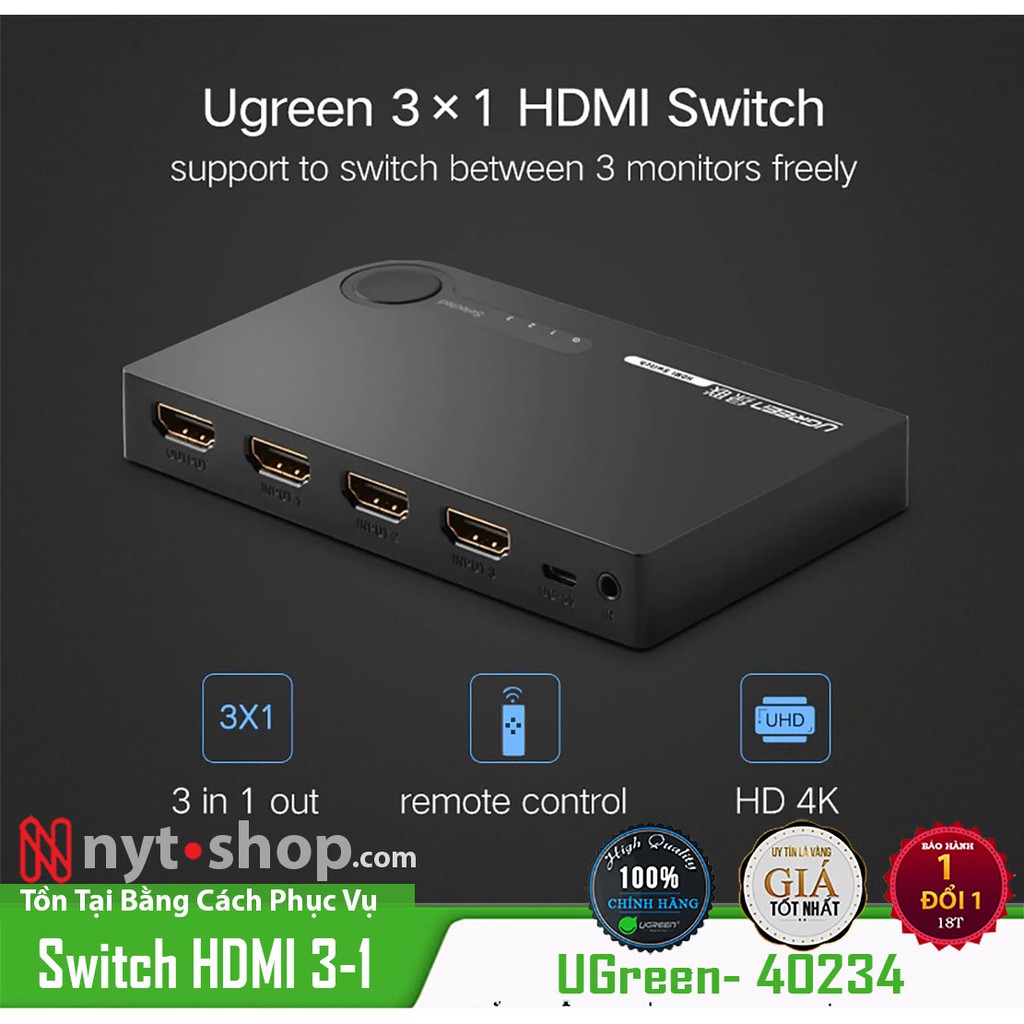 Bộ Gộp HDMI 3 Vào 1 Ra Ugreen 40234 Chính Hãng - Nối 3 Nguồn Phát Với 1 Màn Hình