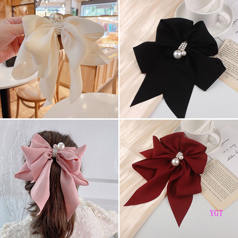 Ygt Kẹp Tóc Hình Nơ Đính Ngọc Trai Cỡ Lớn Phụ Kiện Tóc Dành Cho Bạn Nữ
