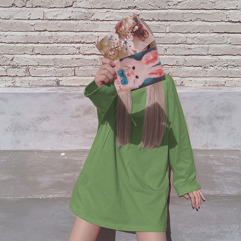 Áo Thun Trơn% Cotton Tay Dài Dáng Rộng Phong Cách Thời Trang Hàn Quốc Dành Cho Nữ