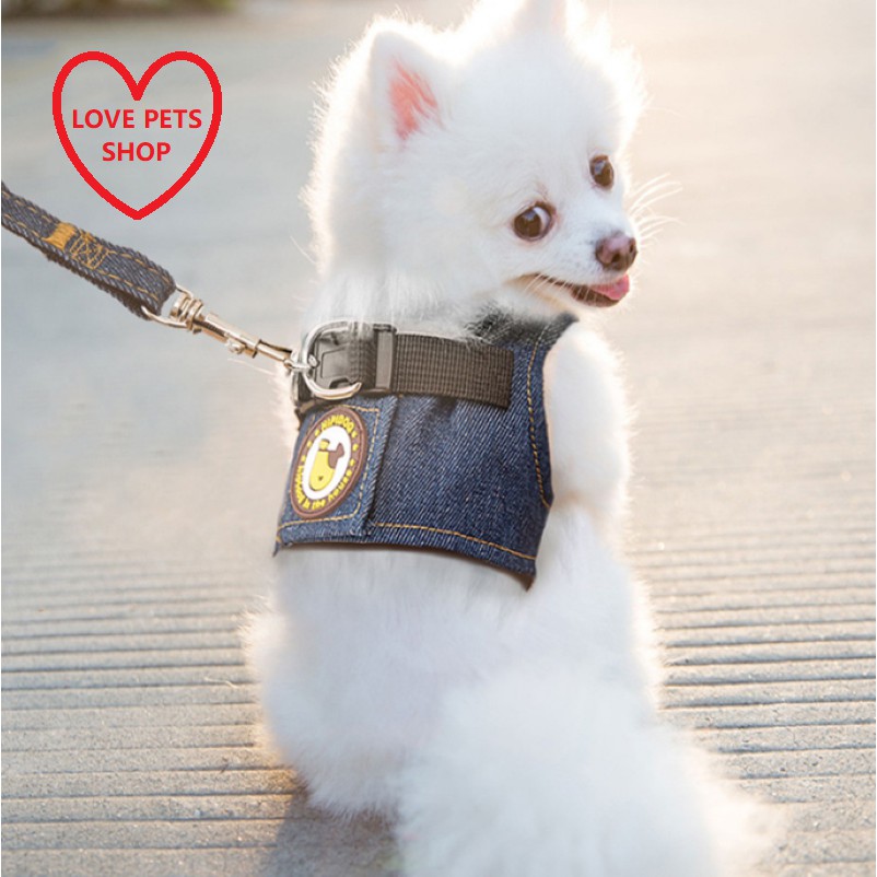 💝 BỘ DÂY DẮT KÈM YẾM BẰNG VẢI JEAN CHO THÚ CƯNG, DÂY DẮT CHÓ - LOVE PETS SHOP 💝