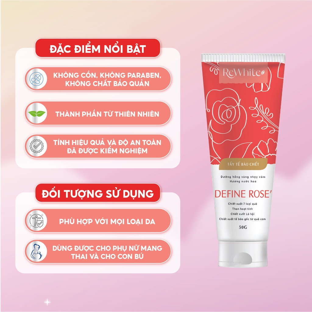 Gel Tẩy Tế Bào Chết Giảm Thâm Nách, Mông và Bikini Rewhitez Define Rose Hương Nước Hoa Quyến Rũ (Tuýp Đỏ) 50g