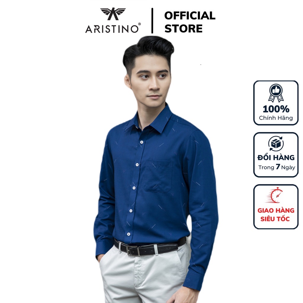 Áo sơ mi nam dài tay ARISTINO ALS12801 somi công sở vải sợi sồi màu xanh than in sược trắng dáng suông tà lượn có túi