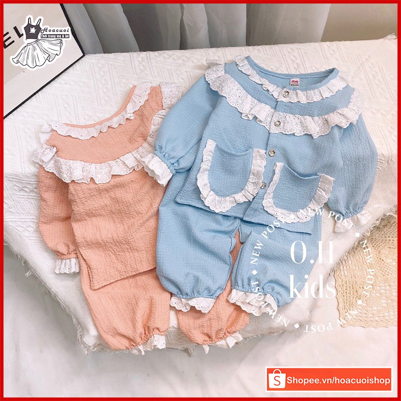 Set đồ bộ quần áo dài tay phối bèo cute hè thu cho bé gái HC40 từ 10Kg-22Kg mặc đi chơi dạo phố cực xinh