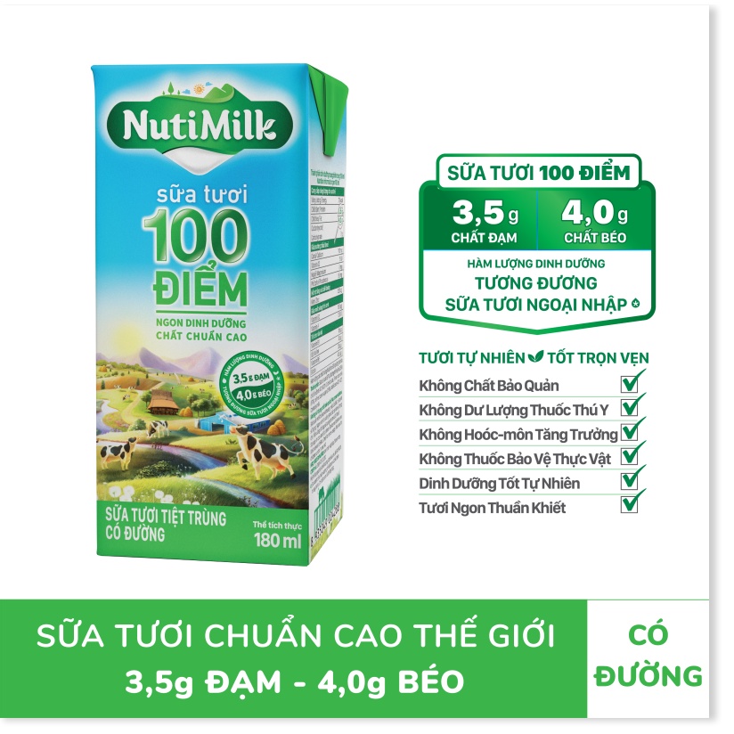 [MIỄN PHÍ ĐƠN HÀNG TỪ 49K] NutiMilk Sữa tươi 100 điểm - Sữa tươi tiệt trùng Có đường 180ml STCD180CRN - Thương Hiệu NUTI
