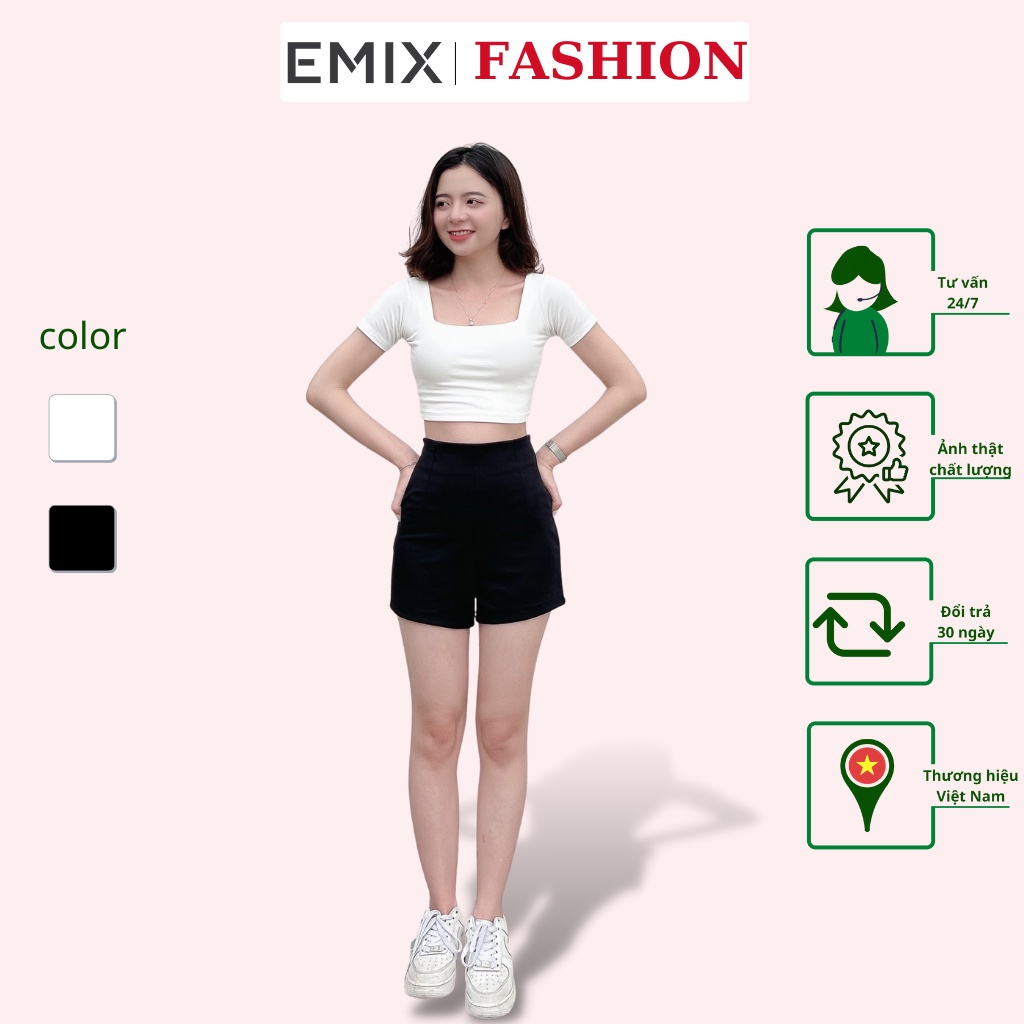 Set thể thao nữ EMIX, basic, teen, dáng ngắn, áo trắng, quần đen, cổ vuông, cộc tay, short, cạp cao, vải đẹp 205x516