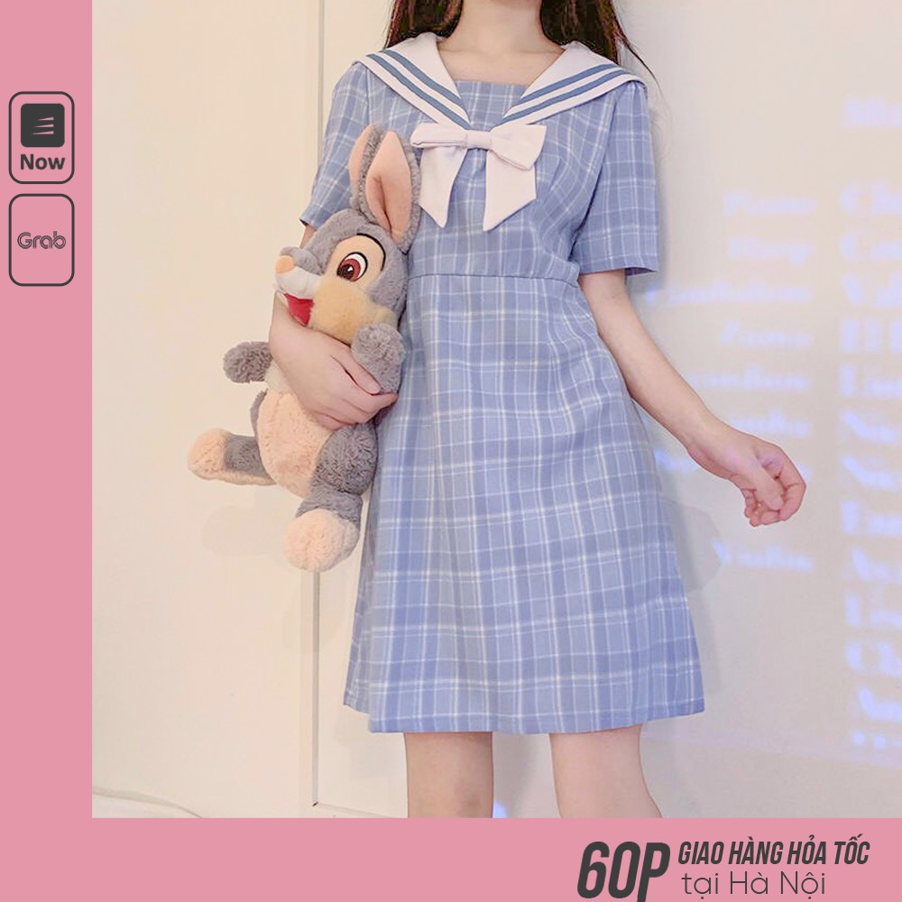 Váy Lolita thủy thủ dáng ngắn cổ nơ kẻ sọc dễ thương phong cách học sinh Nhật Bản V00043