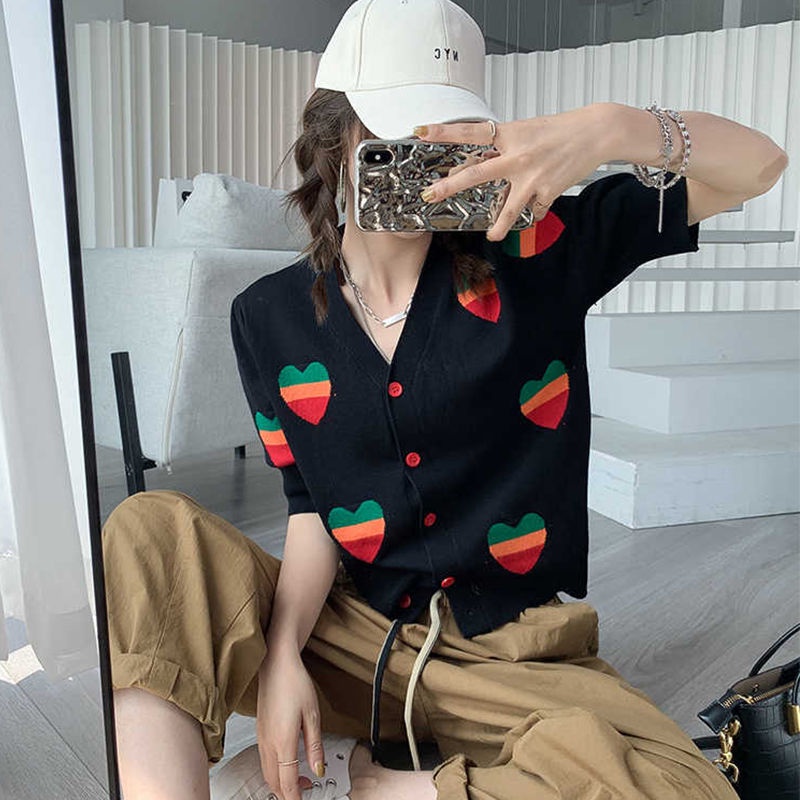 Áo Khoác Cardigan Dệt Kim Mỏng Tay Ngắn Cổ Chữ V Thời Trang Mùa Hè Cho Nữ