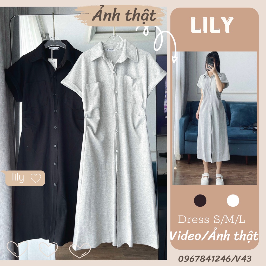 Váy sơ mi dáng dài tay ngắn, Đầm nữ suông dáng dài tay ngắn màu đen xám chất thun cotton đủ size V43 LILY