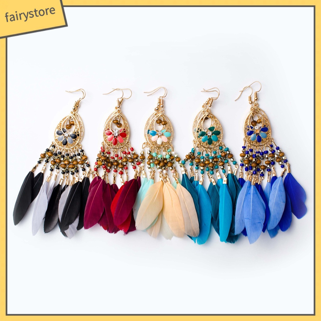 1 Đôi Bông Tai Dáng Dài Phối Lông Vũ Phong Cách Bohemian Thời Trang