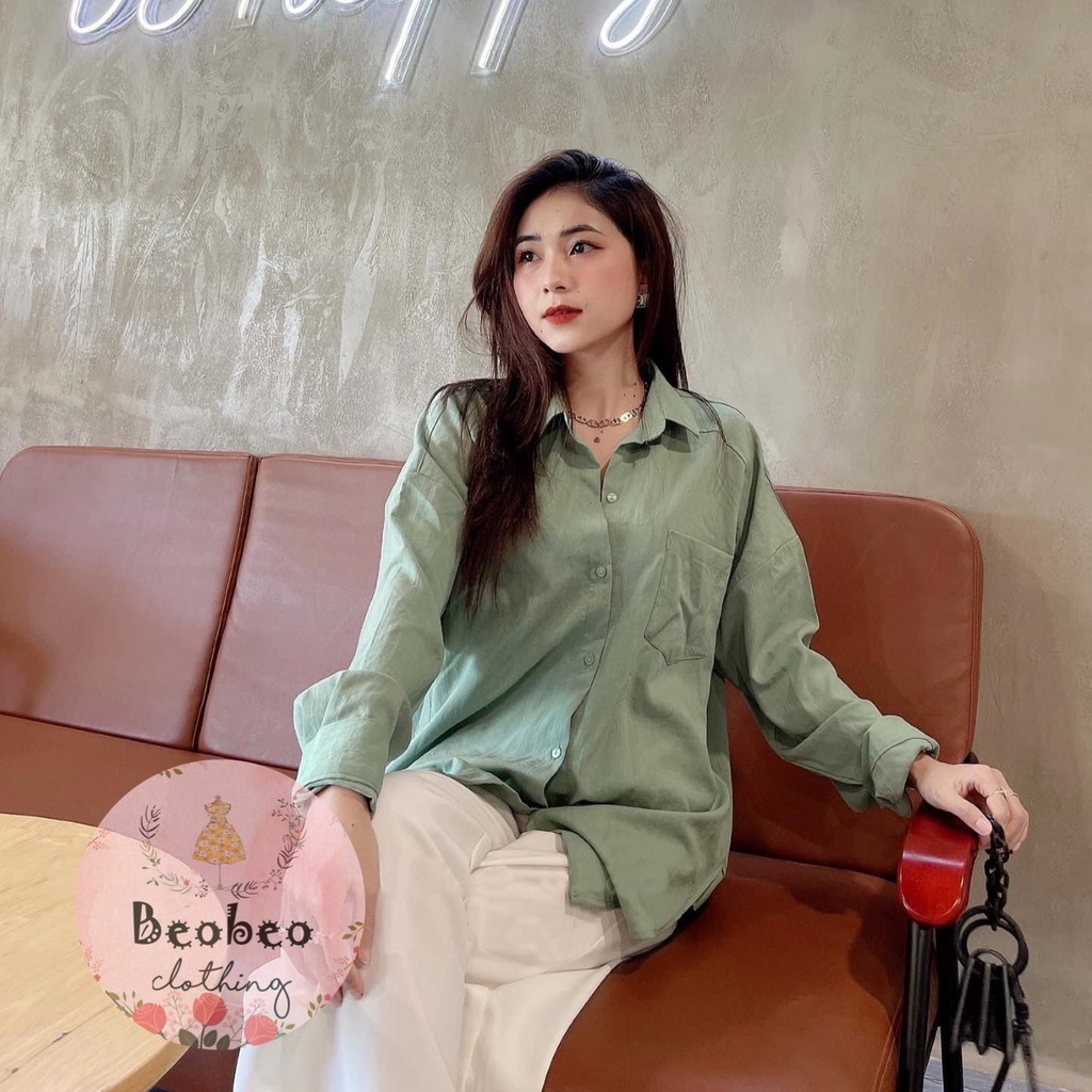 Áo sơ mi trắng xanh oversize có túi ulzzang