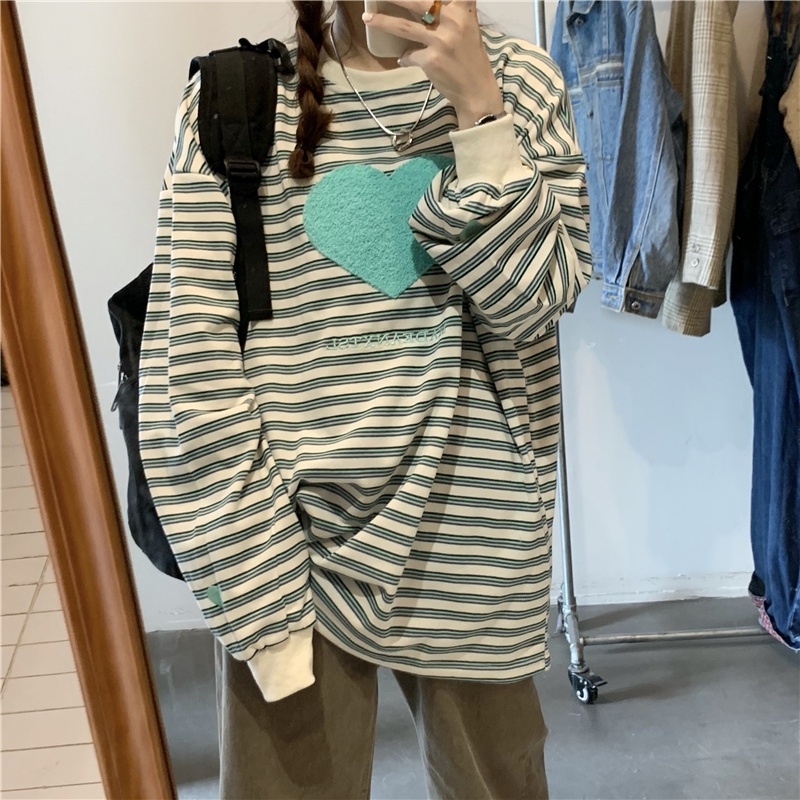 Áo Thun Tay Dài Cổ Tròn Kẻ Sọc Thêu Họa Tiết Thời Trang Hàn Quốc 2 Màu Tùy Chọn Cho Nữ | BigBuy360 - bigbuy360.vn