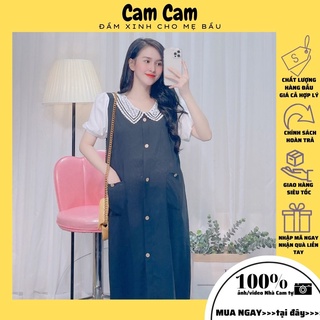 Đầm bầu công sở⚡HOT DEAL⚡Đầm bầu xinh chất lụa hàn, họa tiết cổ, tay phồng trắng, túi trước, mã ĐB1013
