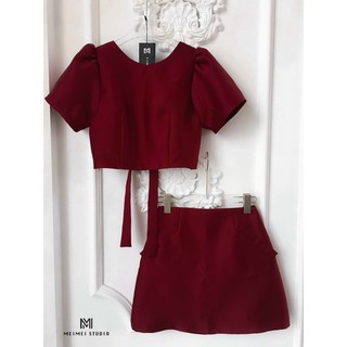 set áo croptop cột sau chân váy đỏ