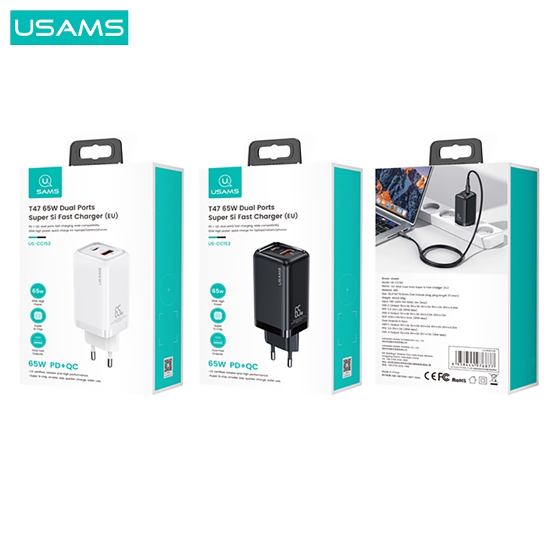 Cốc Sạc Nhanh USAMS PD 65W QC3.0 FCP AFC Phích Cắm EU Tiện Dụng Cho Điện Thoại / Máy Tính Bảng / Laptop
