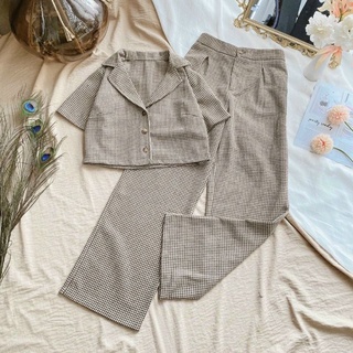Set dạ cổ vest + quần ống rộng
