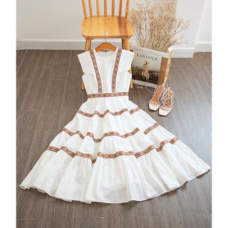 [thoa_shop] Đầm trắng xòe viền họa tiết thổ cẩm - Đầm du lịch