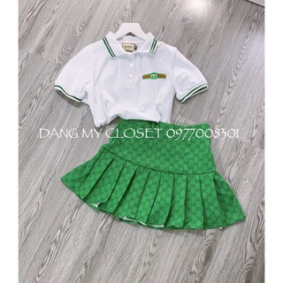 Set áo polo + chân váy xanh