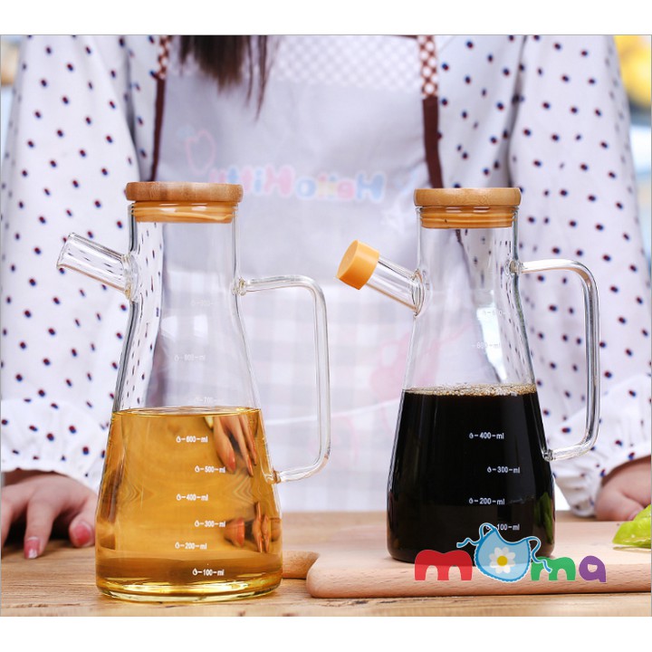 Bình, chai, lọ thủy tinh có nắp gỗ, nút silicon Oil Can đựng dầu ăn, giấm,nước tương,nước mắm,dung dịch, dung tích 650ml