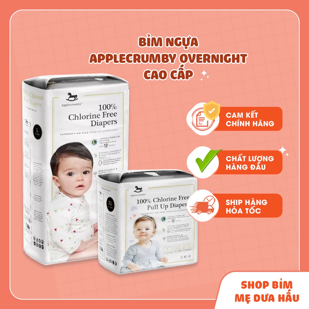 Bỉm dán/quần Applecrumby Airplus Overnight cao cấp NB4/S24/M42/M22/L36/L20/XL18/XXL16 meduahaubimsua