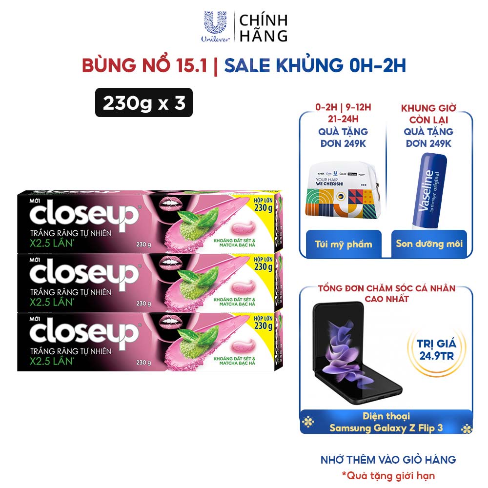 Combo 3 Kem Đánh Răng Closeup Giúp Làm Trắng Răng Tự Nhiên X2.5 Lần Với Khoáng Đất Sét Và Matcha Bạc Hà 230G/Tuýp