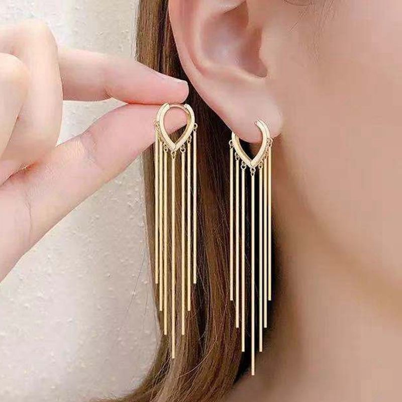 1 đôi bông tai dáng dài hình học phối tua rua phong cách Hàn Quốc cổ điển thời trang cho nữ