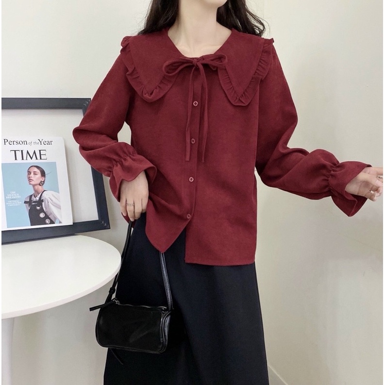áo sơ mi cổ bèo buộc nơ ở cổ