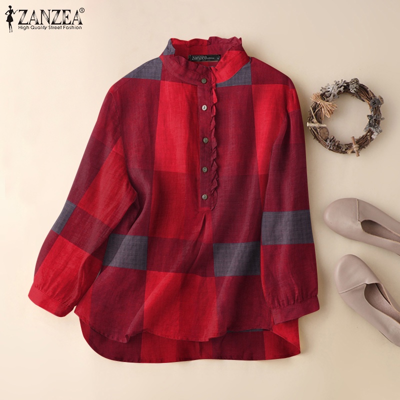 Áo kiểu Zanzea tay dài cổ tròn họa tiết kẻ sọc caro phong cách vintage dành cho nữ