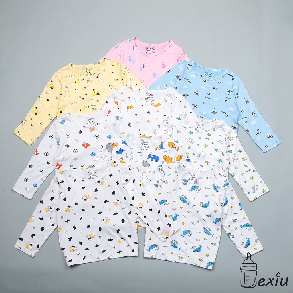 Bộ Đồ Quần Áo Sơ Sinh Tay Dài Cài Vai Bexiu In Rơi 1020 Nhiều Mẫu Cho Bé 6-19kg