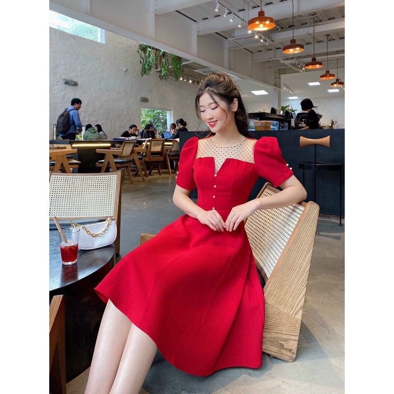 VÁY PHỐI LƯỚI CÚC NGỌC TAY BỒNG