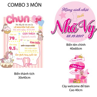 Combo 3 món trang trí sinh nhật: Biển tên, biển thành tích, cây welcome