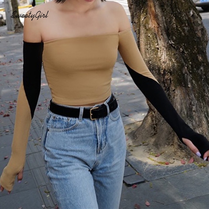 Áo croptop tay dài trễ vai màu sắc tương phản quyến rũ cho nữ