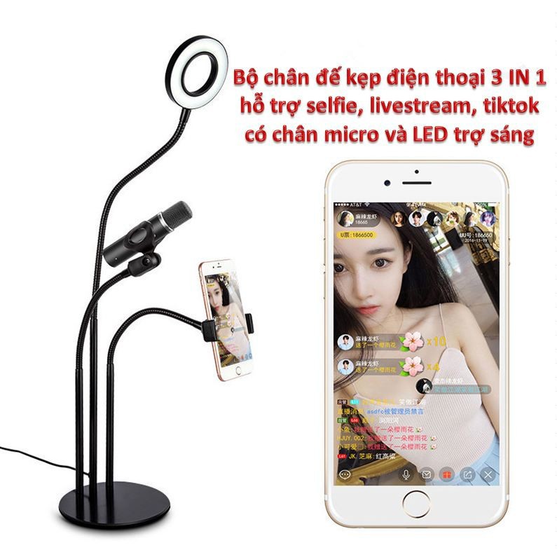 Đèn livestream 3 trong 1 - giá đỡ điện thoại, giá đỡ mic, đèn LED