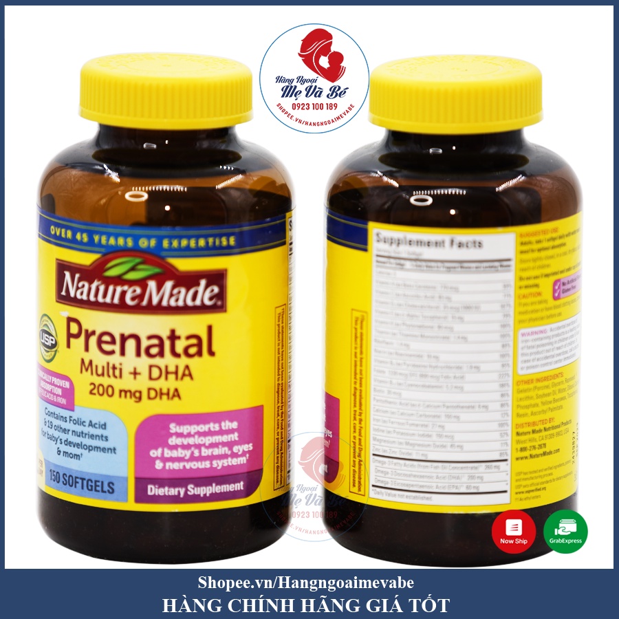 Vitamin bà bầu, Vitamin tổng hợp Bầu Mỹ Nature Made Prenatal Multi + DHA 150 viên [Date 09/2023]