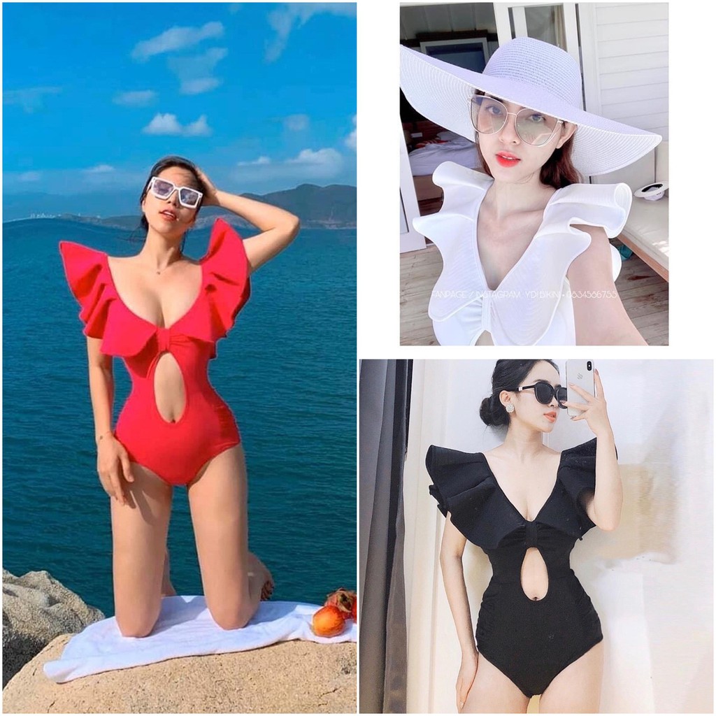 Bikini liền thân bèo vai xếp li hồng sang chảnh cao cấp