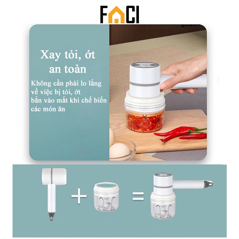 Máy xay thịt kèm đánh trứng mini sạc pin, xay thịt, xay tỏi ớt, xay đồ ăn dặm cho bé hiệu quả