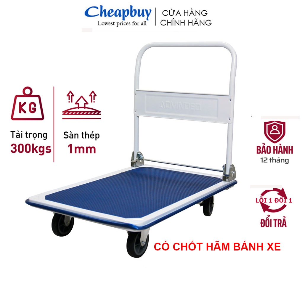 Xe đẩy hàng 4 bánh gấp gọn chở 300kg sàn sắt thép ADVINDEQ TL-300, bánh xe có chốt hãm - Bảo hành 1 năm