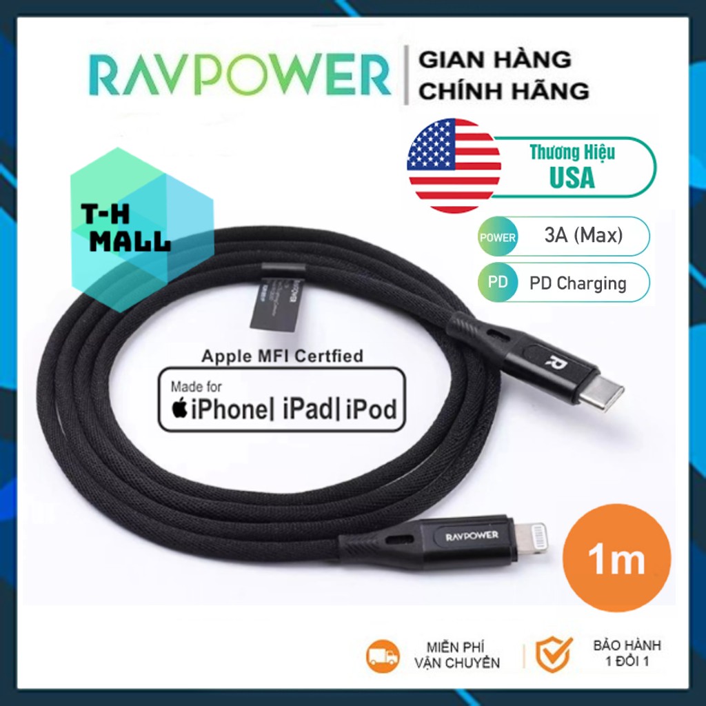 [CHUẨN MFI]Dây Cáp Sạc iphone ipad Type-C to Lightning RAVPower 1m RP-CB050