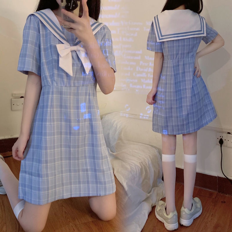 Đầm Giả Hai Mảnh Cổ Thủy Thủ Dáng Ôm Họa Tiết Kẻ Sọc Thiết Kế Mới Ngọt Ngào Cho Nữ