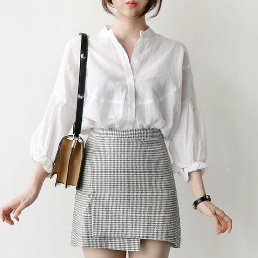 Áo sơ mi linen nữ cổ tầu tay bồng trẻ trung, chất vải linen mềm mát, thời trang phong cách trẻ